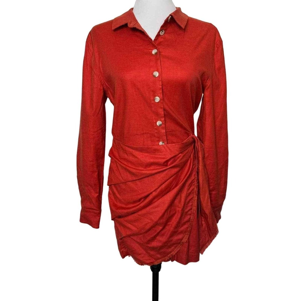 L'Academie Dress Small Burnt Orange Earthy Linen Blend Wrap‎ Mini Utility Shirt